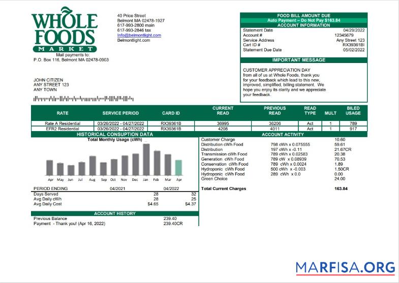 Blank USA Whole Foods Market utility bill template in Word and PDF format
